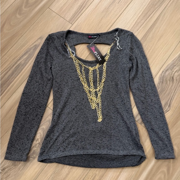 Ultra Flirt Charcoal Long Sleeve Top with Gold Chain Accent - Picture 3 of 6